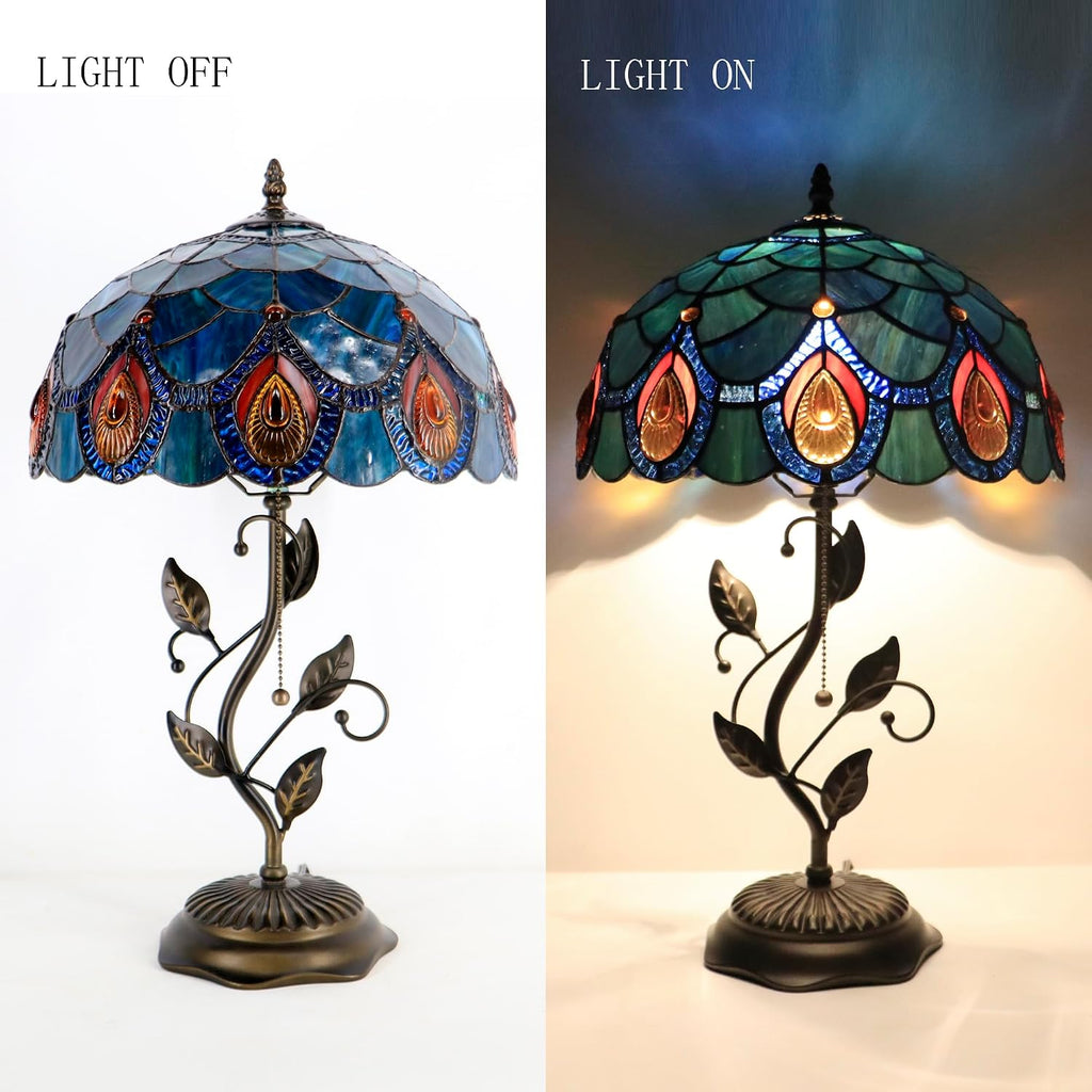Tiffany Table Lamp, Stained Glass Style Desk Lamp, 12X12X19 Inch,Bedside Reading Light, Metal Leaf Base（Brown Crystal Style