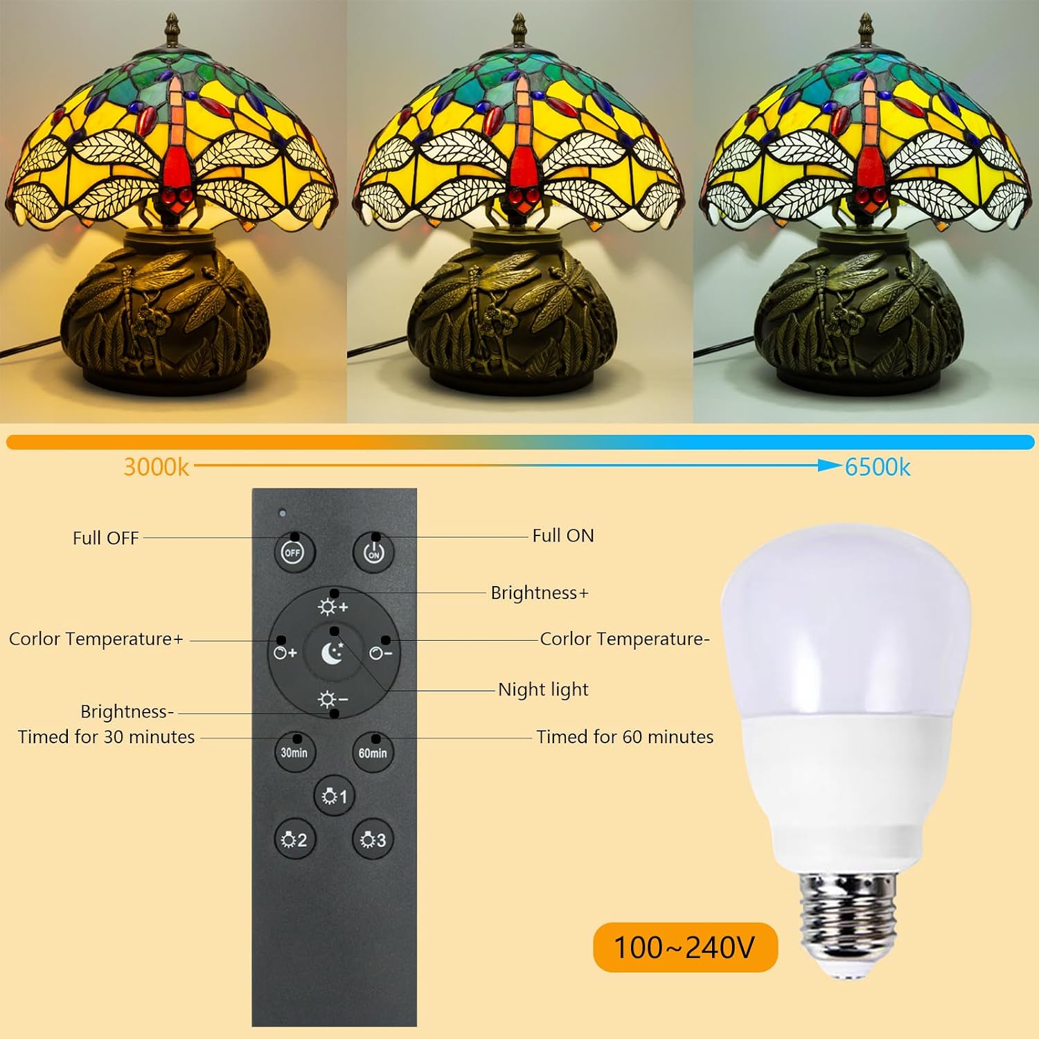 Tiffany Lamp,12 inch Stained Glass Lamp,Dragonfly Tiffany Style Table Lamp Included E26 LED with Remote Control for Bedside,Living Room,Dining Table,Antique Office(Blue Leaf)