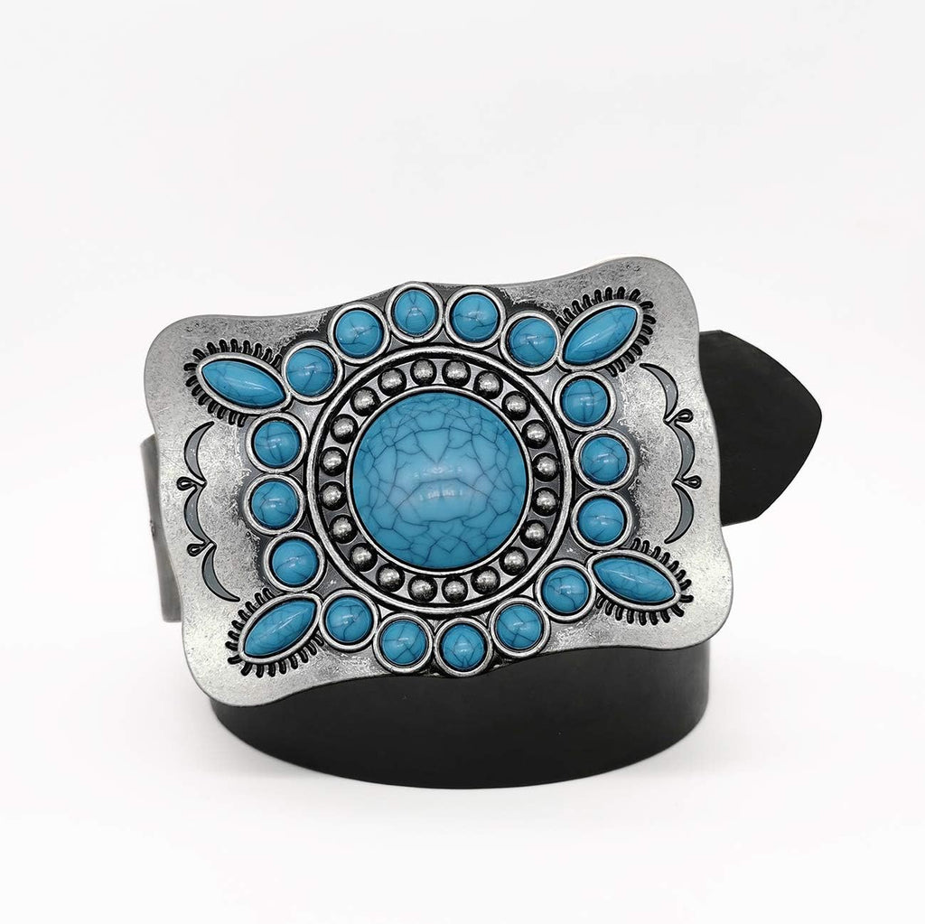 Men's Western Belt Buckle - Vintage Turquoise with Native American & Cowboy Elements