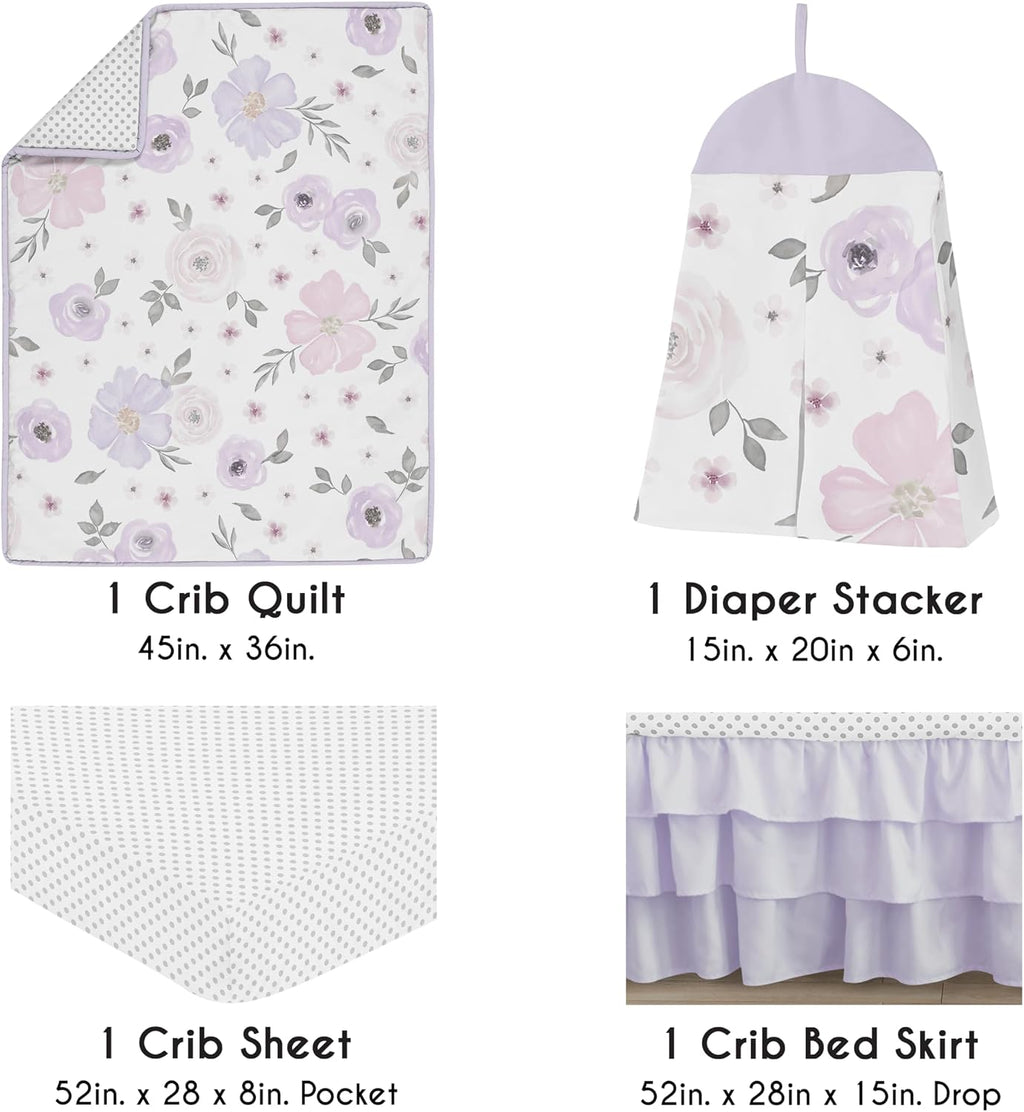 Sweet Jojo Designs 4-Piece Baby Crib Bedding Set (Purple/Grey Boho Floral) for Girls, Infants/Nursery incl. Blanket, Fitted Sheet, Skirt, Diaper Stacker (Watercolor, Polka Dot, Shabby Chic, Lavender)