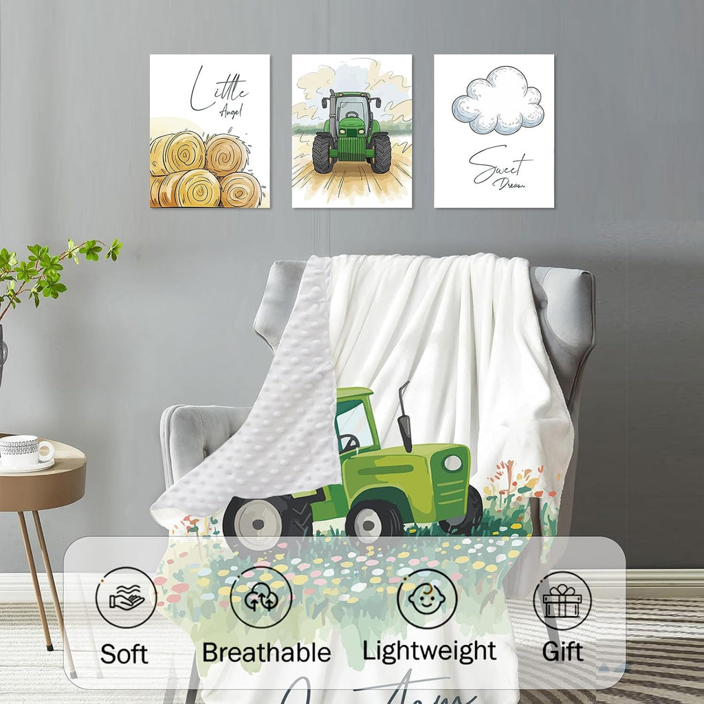 Personalized Crib Bedding Set for Baby Boys, Green Tractor Pattern Custom Name Baby Crib Sets 5-Pcs, Double Layer Baby Blanket Fitted Sheet Changing Pad Cover Rug Wall Art Set
