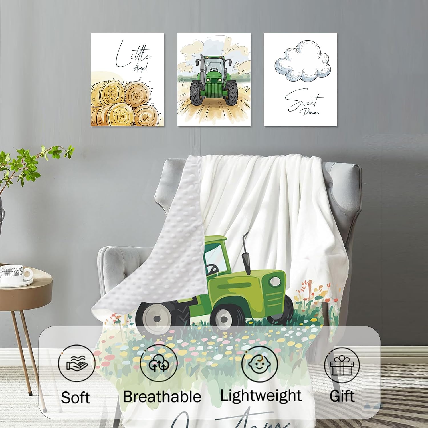 Personalized Crib Bedding Set for Baby Boys, Green Tractor Pattern Custom Name Baby Crib Sets 5-Pcs, Double Layer Baby Blanket Fitted Sheet Changing Pad Cover Rug Wall Art Set
