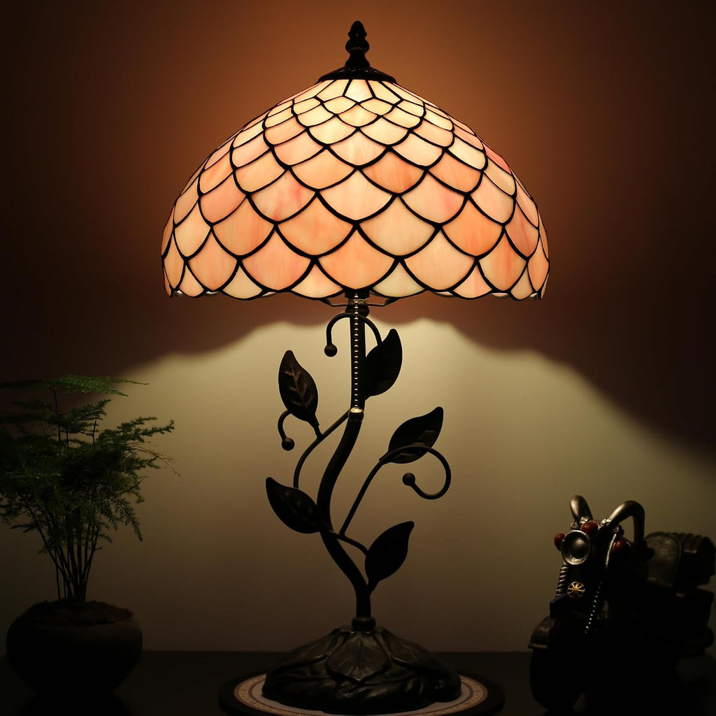 Tiffany Lamp Stained Glass Style Table Lamp Pink Fishscale Style Bedside Desk Reading Light W12H19 Inch Metal Leaf Base with Metal Leaf Base