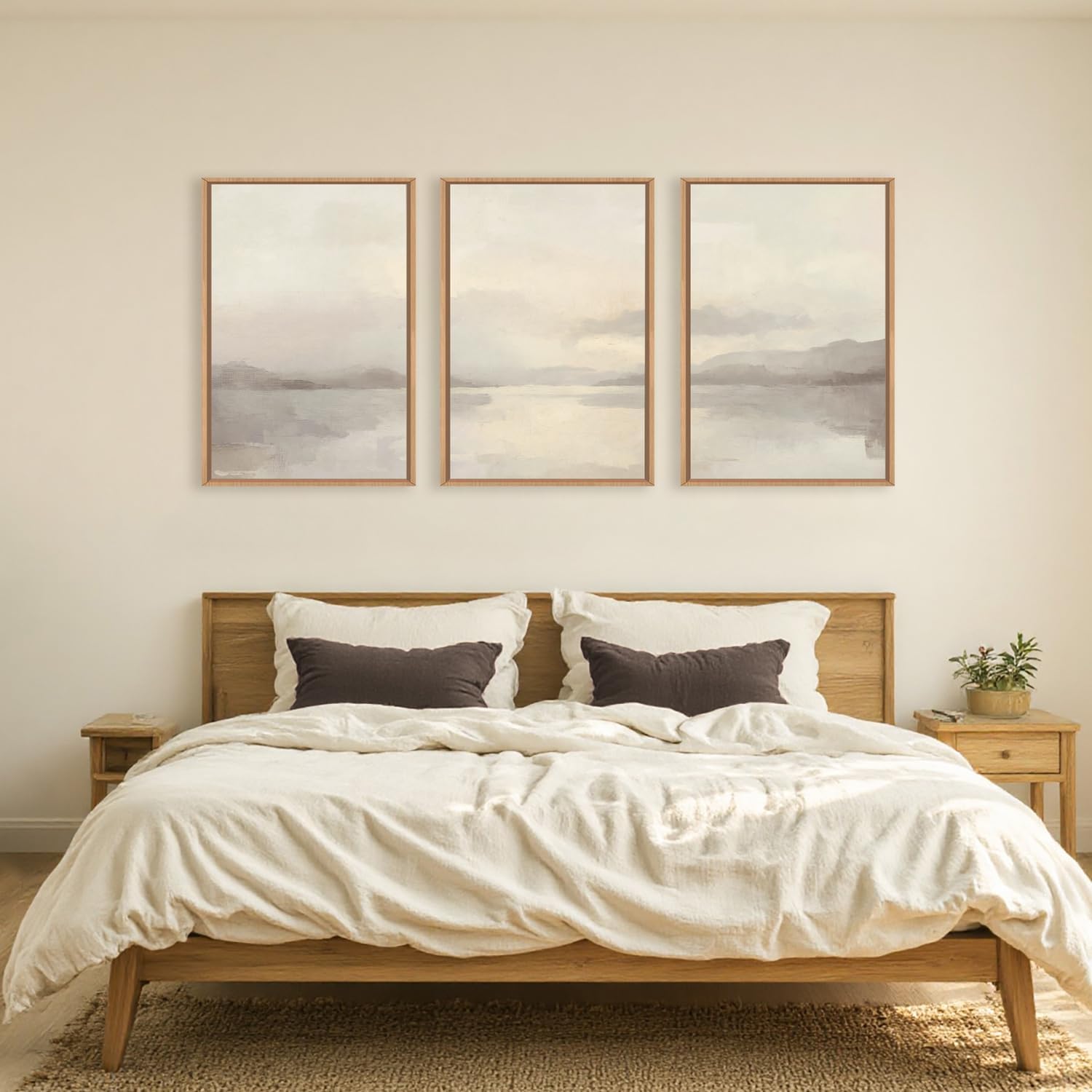 LHIUEM Large Abstract Neutral Beige Pastel Framed Canvas Wall Art,Modern Watercolor Lakes Wall Decor,Nature Mountain Minimalist Artwork for Living Room,Bedroom,Dining Room,Office -24'x36'x3