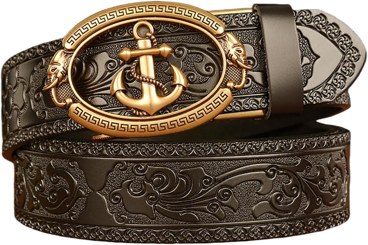 Mens Ratchet Leather Belt, Genuine Leather belts, Engraved Vintage Dragon Eagle Tiger Buckle, Business leisure belt