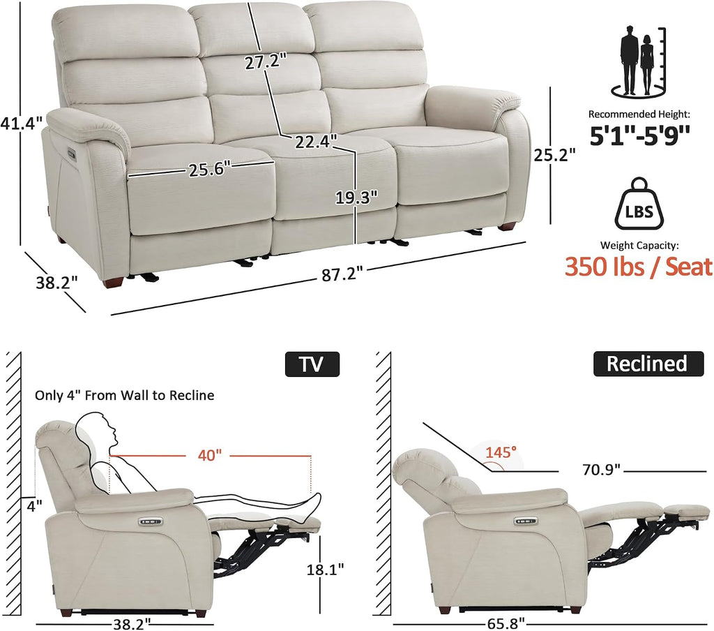 MCombo 87.2'' Wall Hugger Power Recliner Sofa with Drop Down Table, Reclining Sofa with Adjustable Headrest, USB Charge Ports, Reading Lamp, for Living Room, RVs, Fabric, ST258M3 (3-Seater, Beige)