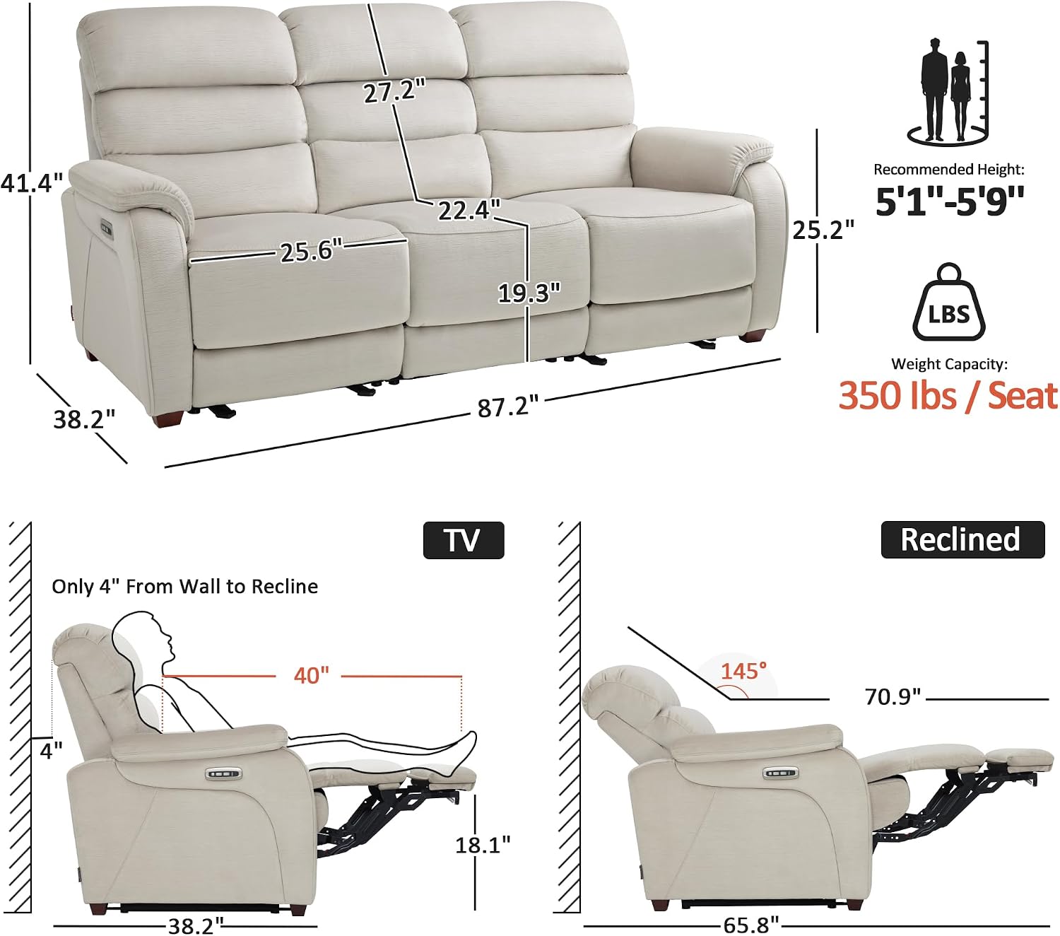 MCombo 87.2'' Wall Hugger Power Recliner Sofa with Drop Down Table, Reclining Sofa with Adjustable Headrest, USB Charge Ports, Reading Lamp, for Living Room, RVs, Fabric, ST258M3 (3-Seater, Beige)