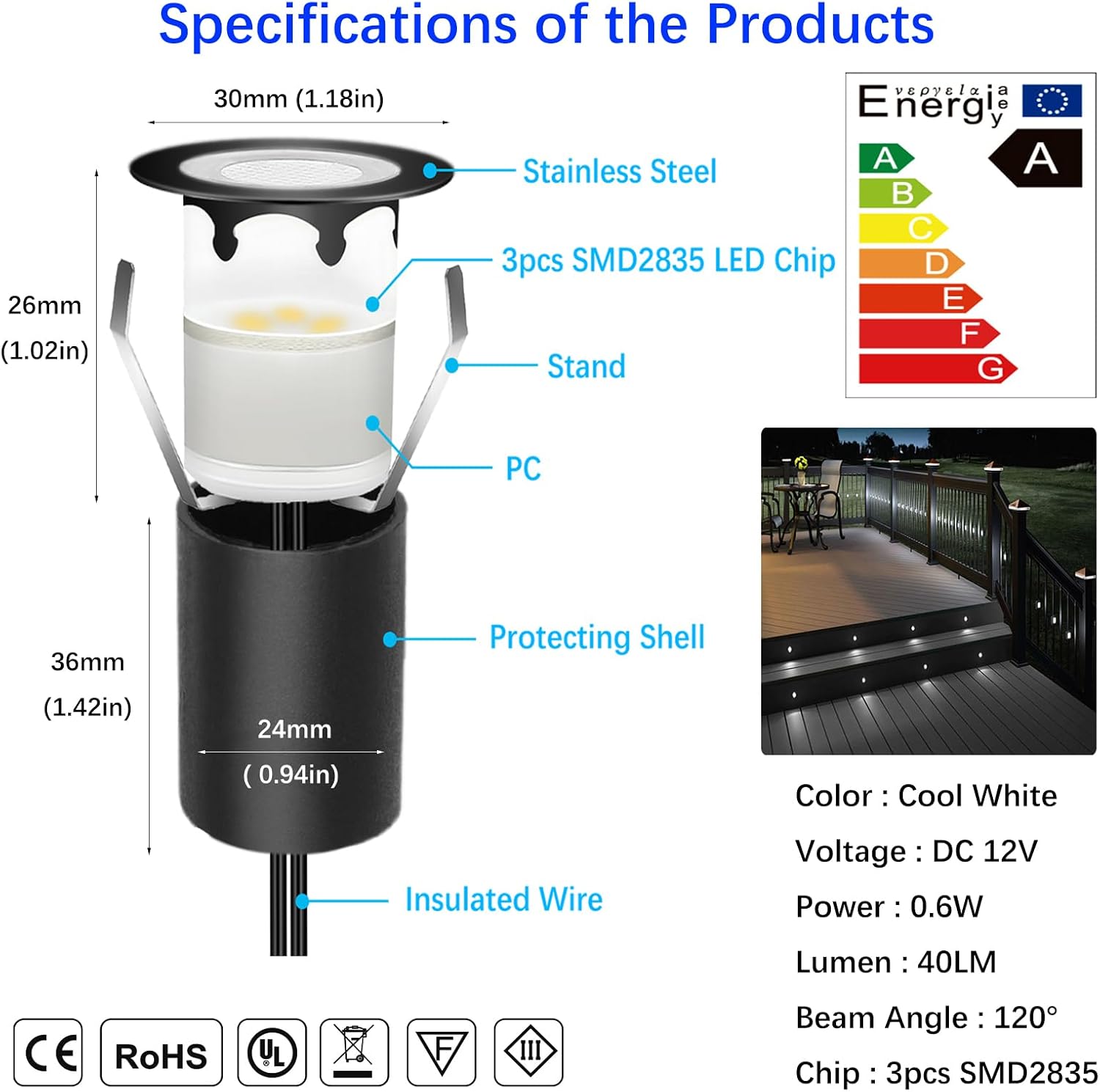 Deck Lights with Photocell and Protecting Shell, Cold White Φ1.18in Low Voltage 12V DC IP67 Waterproof, Electric Wired Round Recessed LED Outdoor Stair Step Landscape Lighting, 16 Pack Black