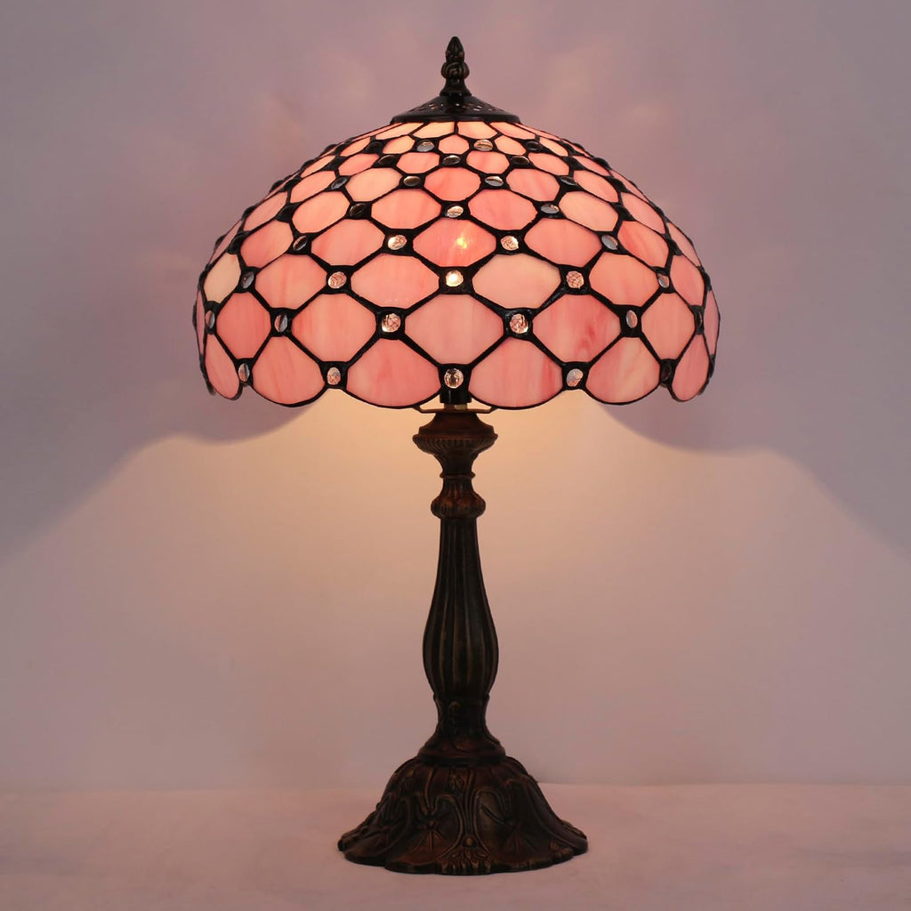 Tiffany Lamp Touch Control Table Lamp Pink Bead Style Stained Glass Desk Light 12X12X19 Inches Reading Light for Bedroom Living Room Home Decor Gift