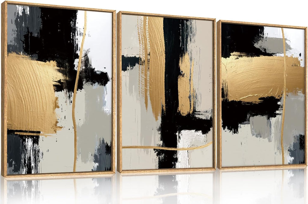 Abstract Black Gold Framed Canvas Wall Art Set,Modern Minimalist Black White Wall Decor,Neutral Color Block Line Art Print for Living Room,Bedroom,Dining Room,Office-24 x36 x3