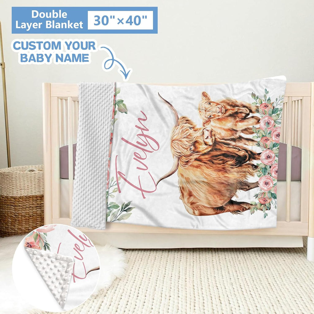 KAINSY Custom Crib Bedding Set 5 Piece for Girls Boys – Personalized Floral Highland Cow Theme, Newborn Sleep Set, Toddler Nursery Decor, Infant Sleep, Baby Room Accessories
