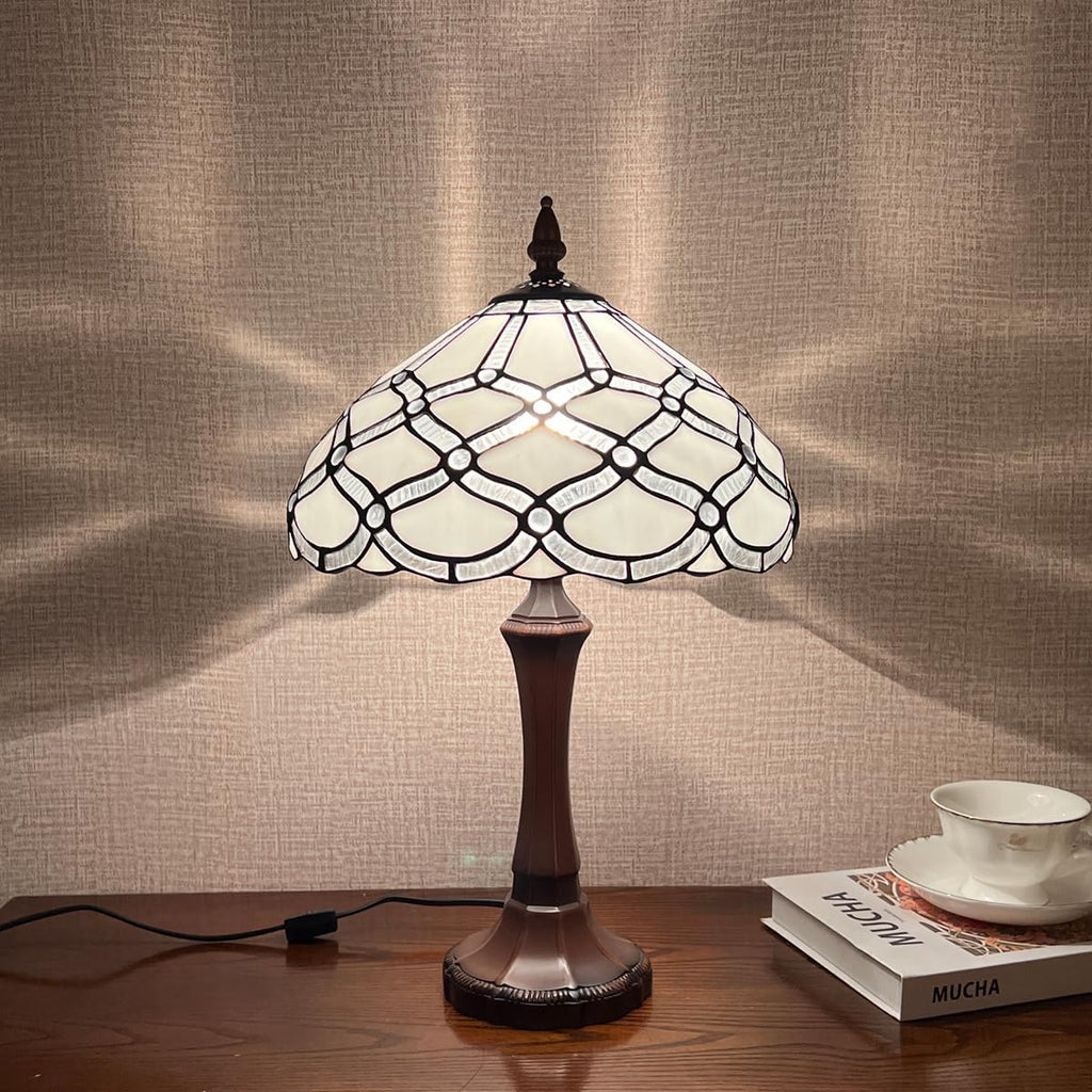 Tiffany Table Lamp,White Stained Glass Table Light,Antique Style Medium Size Desk Lamp Vintage Beside Reading Lamp for Living Room Bedroom Office