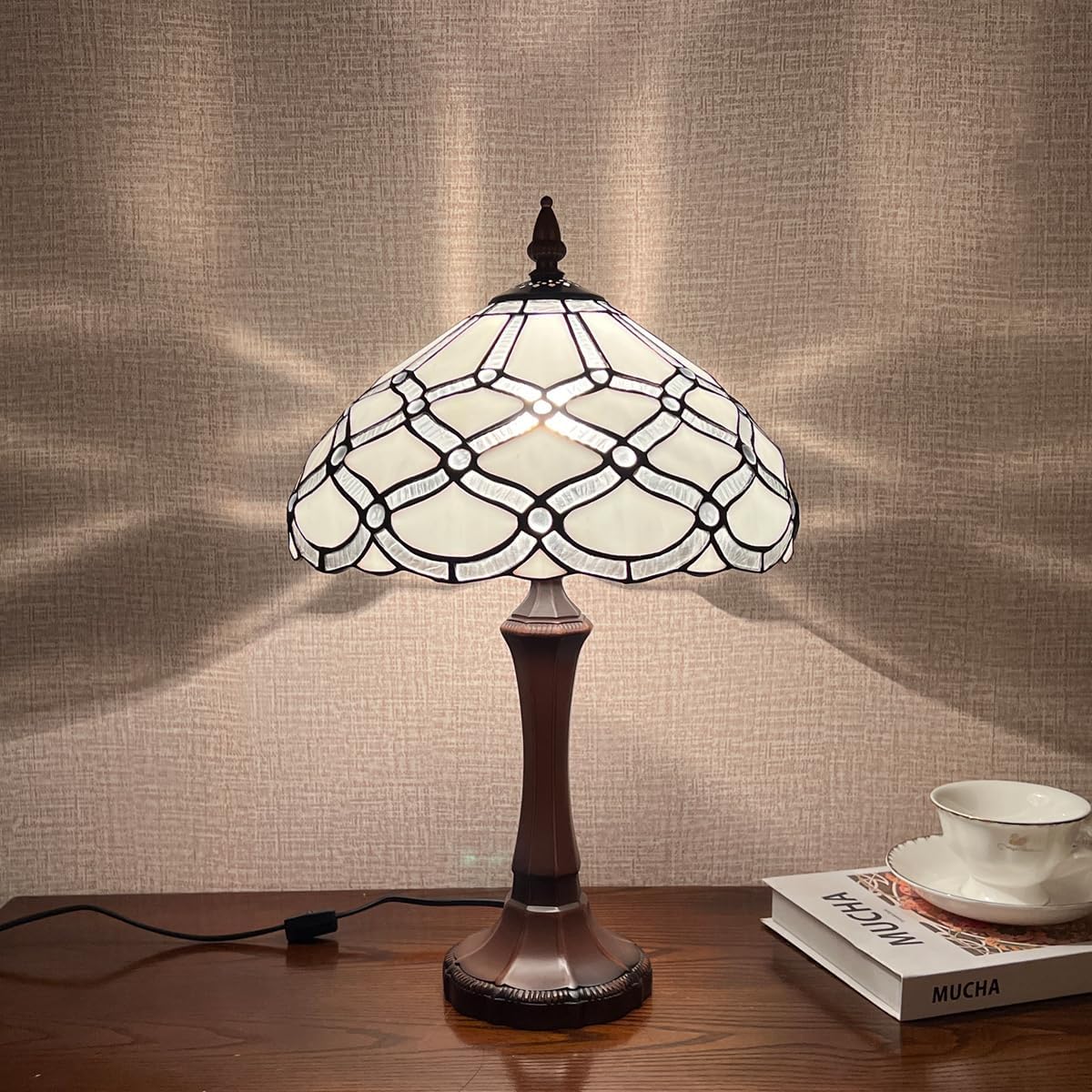 Tiffany Table Lamp,White Stained Glass Table Light,Antique Style Medium Size Desk Lamp Vintage Beside Reading Lamp for Living Room Bedroom Office