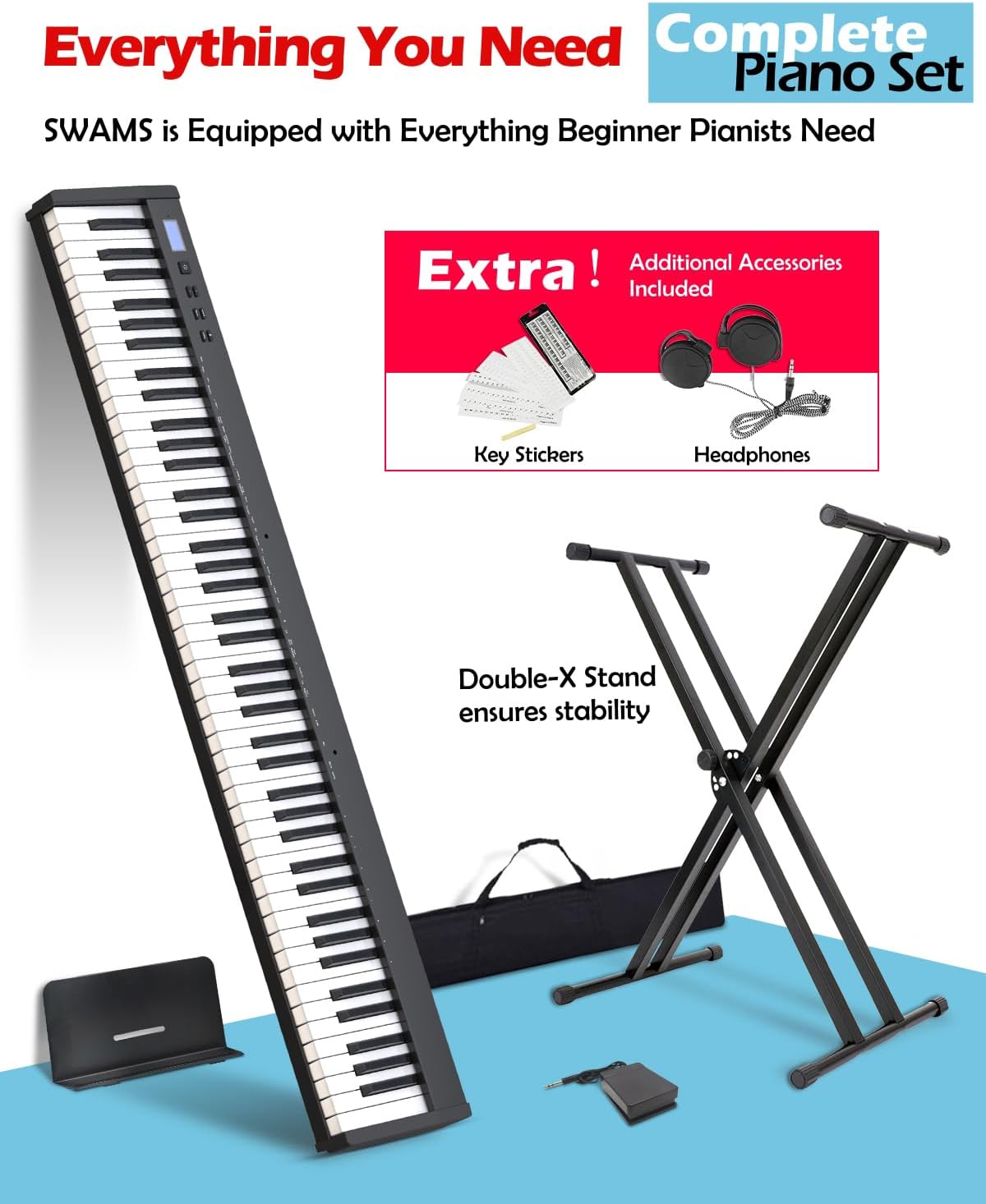 NikoMaku Semi-weighted 88 Keys Piano Keyboard Compact Portable Digital Piano Set for Beginners with Stand, Carrying Case, Sustain Pedal, Headphones, SWAN-S Black