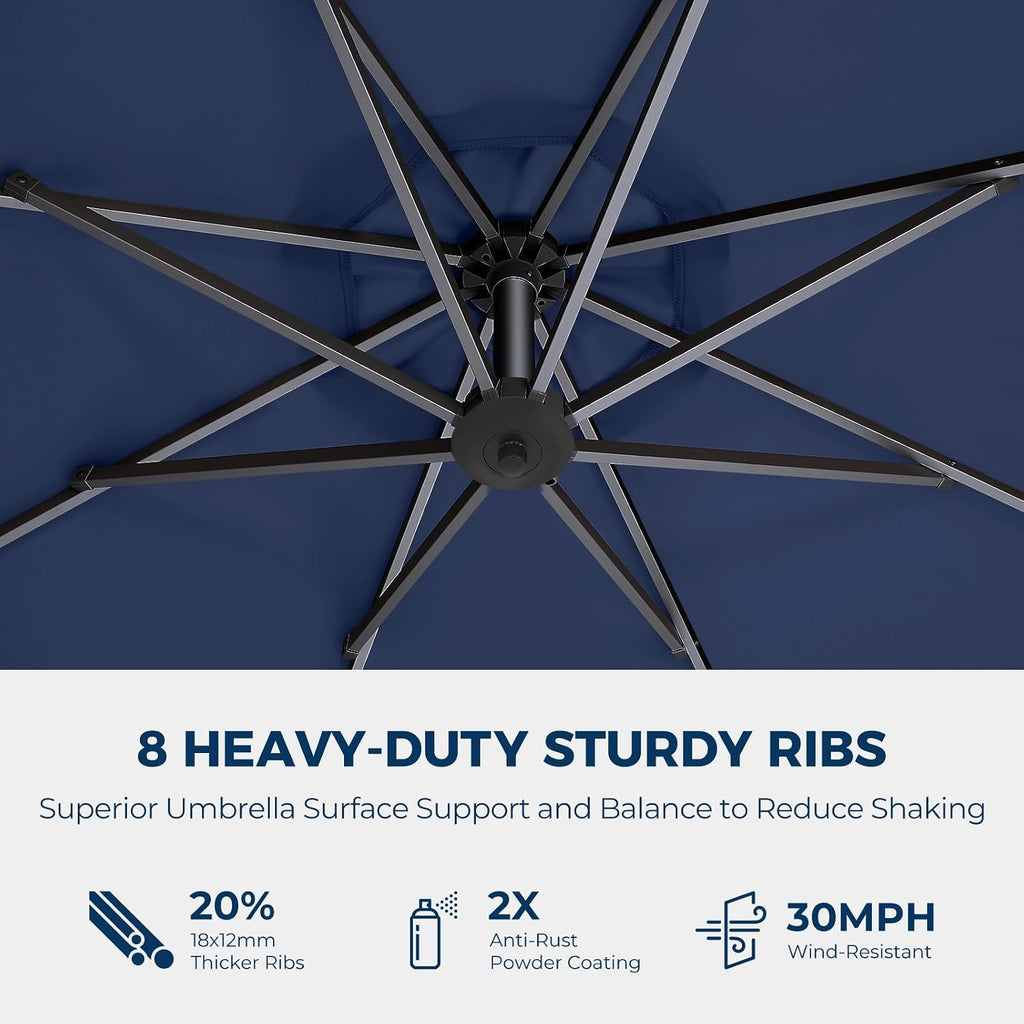 HOMSHADE 10ft Solar Lights Offset Cantilever Patio Umbrella - with Light and Base, LED Lighted Offset Hanging Patio Outdoor Market Umbrella UPF50+ UV Protection with Easy Tilt and Crank (Navy Blue)