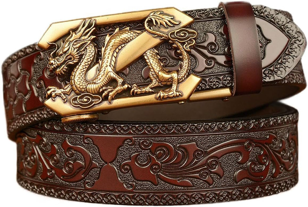 Mens Ratchet Leather Belt, Genuine Leather belts, Engraved Vintage Dragon Eagle Tiger Buckle, Business leisure belt