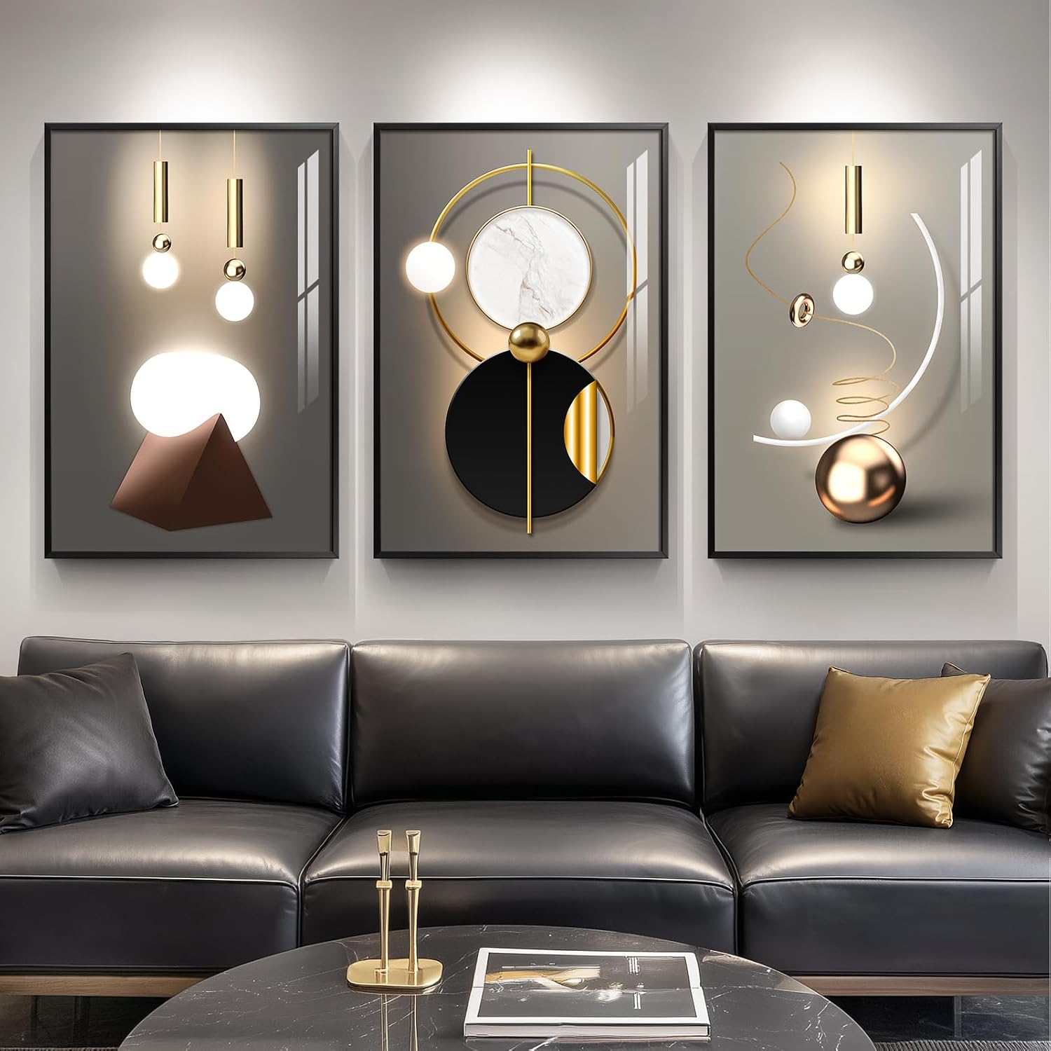 Framed Large Modern Abstract Wall Art for Living Room, Set of 3 Piece Black and White Gold Luxury Artworks, Geometric Painting Print for Dining Room Entryway Hallway Home Office Wall Decor, 24x36 In