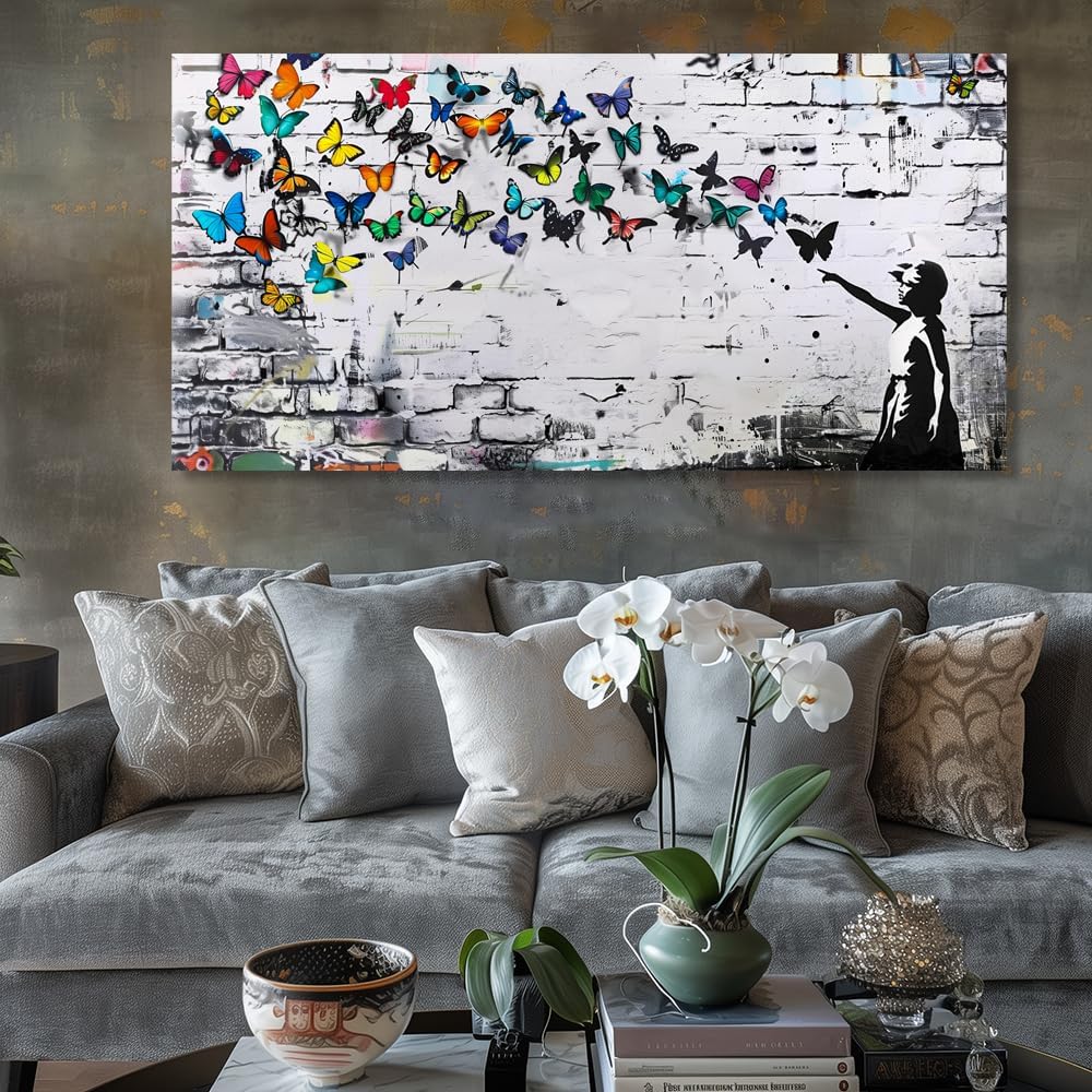 Colorful Graffiti Wall Art Funny Butterfly Paintings Banksy Street Art Mural Pop Art Home Office Wall Decor Framed Canvas Wall Decor for Living Room Ready to Hang -58x28in