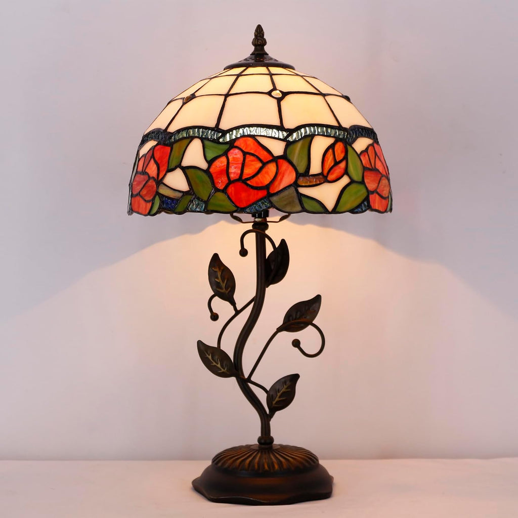 Tiffany Lamp Rose Flower Style Stained Glass Table Lamp Desk Bedside Reading Light 12X12X19 Inches with Metal Leaf Base Decor Bedroom Living Room