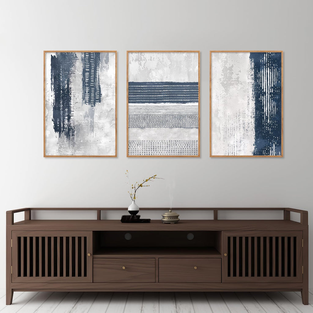 HLNIUC Navy Blue Abstract Framed Wall Art Set, Neutral Minimalist Canvas Wall Decor, Mid Century Modern Wall Painting, Grey Geometric Art Print for Living Room, Bedroom, Office - 24'x36'x3