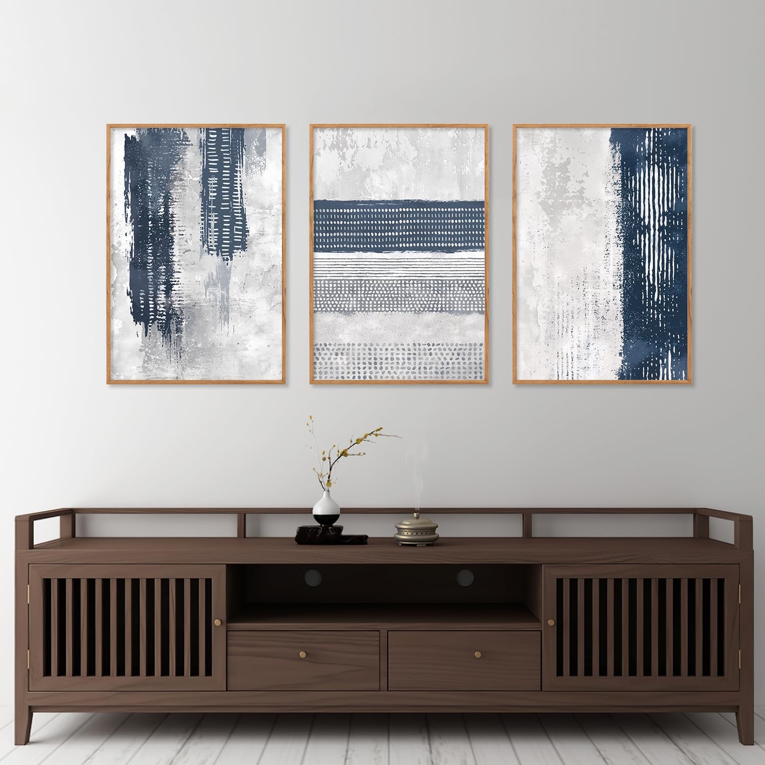HLNIUC Navy Blue Abstract Framed Wall Art Set, Neutral Minimalist Canvas Wall Decor, Mid Century Modern Wall Painting, Grey Geometric Art Print for Living Room, Bedroom, Office - 24'x36'x3