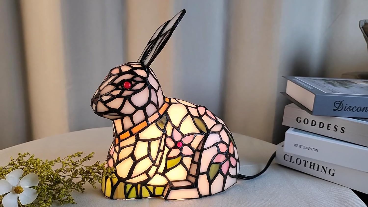 A0012 Tiffany Style Lovely Ratbbit Table Lamp Handmade Stained Glass Animal Night Light, Bunny Accent Table Lamp for Livingroom Bedroom Home Decoration