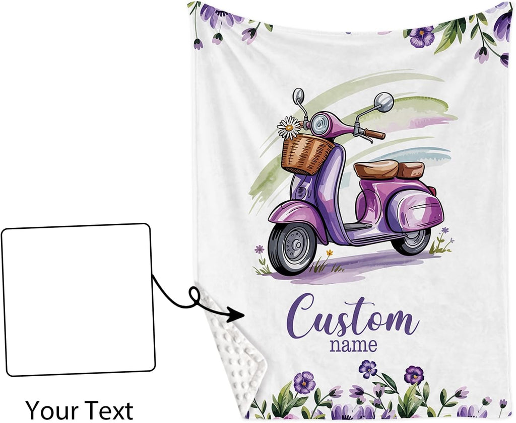 Personalized Crib Bedding Set for Girls, Custom Name Baby Crib Sets 5-Pcs Include Toddler Double Layer Blanket Fitted Sheet Changing Pad Cover Rug Wall Art Set, Electric Bicycles Pattern Nursery Décor