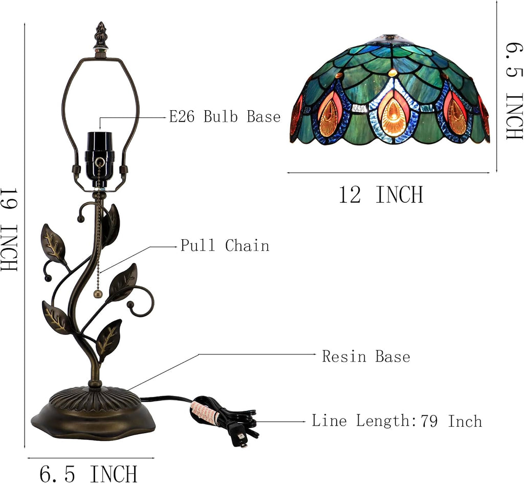 Tiffany Table Lamp, Stained Glass Style Desk Lamp, 12X12X19 Inch,Bedside Reading Light, Metal Leaf Base（Brown Crystal Style