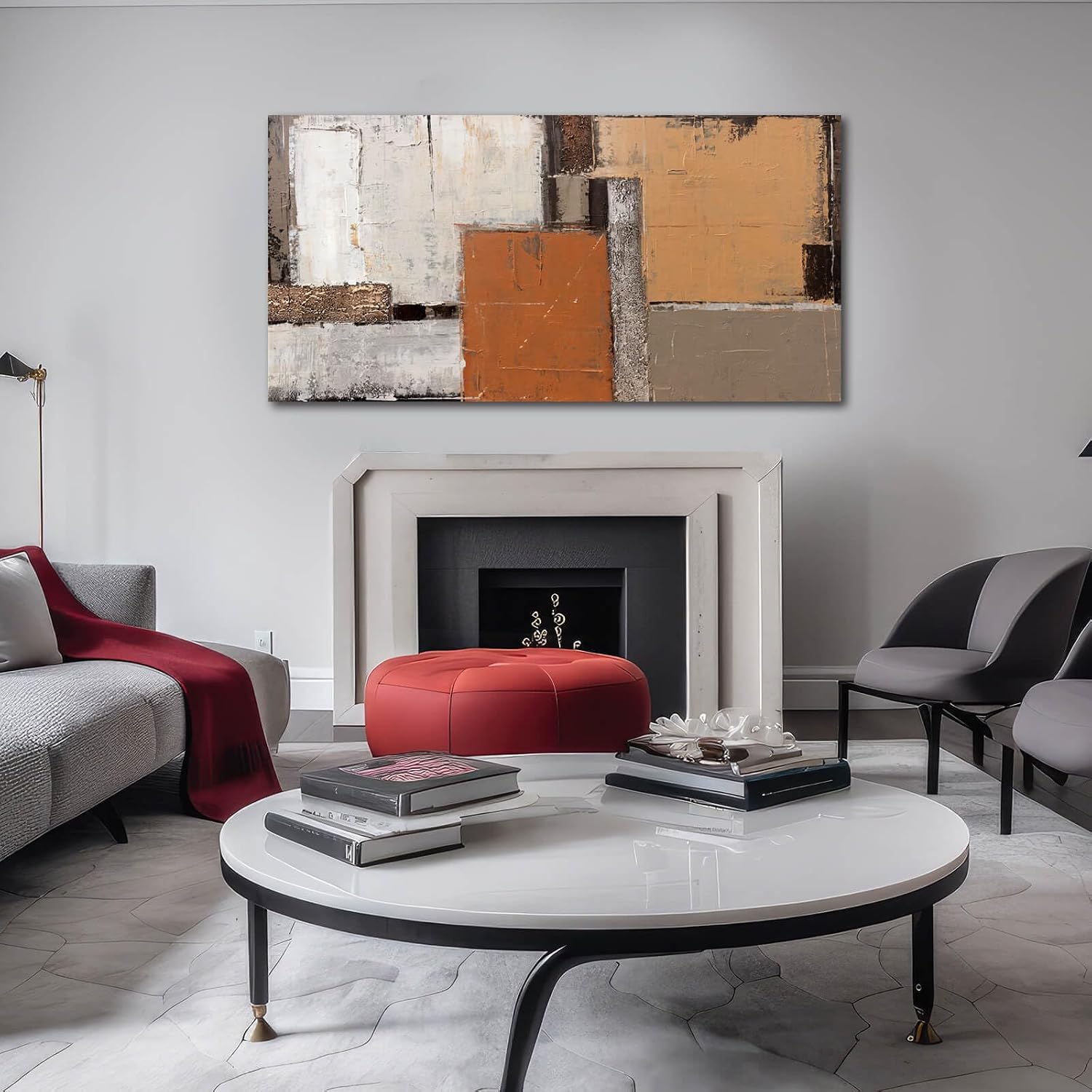 Artexist Orange Abstract Canvas Photo Prints Living Room White Artwork Brown Block Painting for Room 29'x 58' Office Wall Art Bedroom Hallway Decor