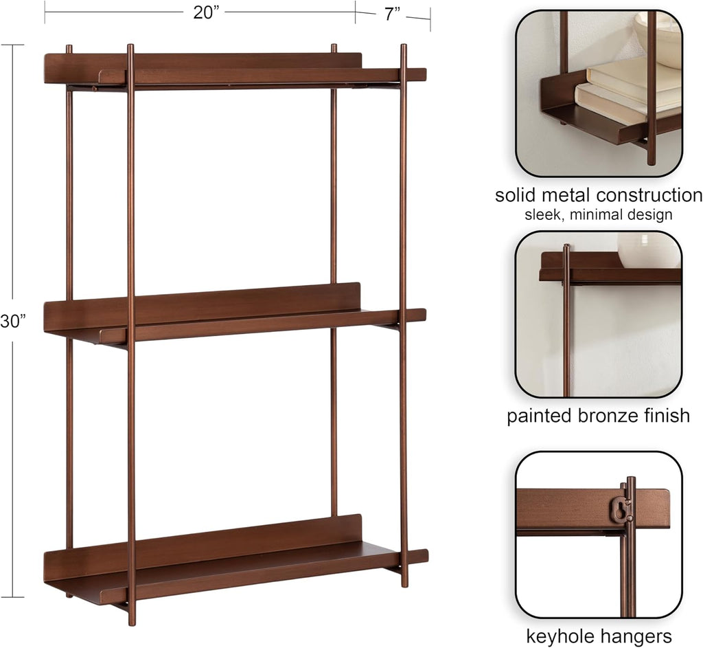 Kate and Laurel Dominic Modern Metal Bathroom Shelf; 20 x 7 x 30; Bronze; Contemporary Sleek 3-Tier Floating Shelves for Wall Decor; Display; and Over Toilet Storage