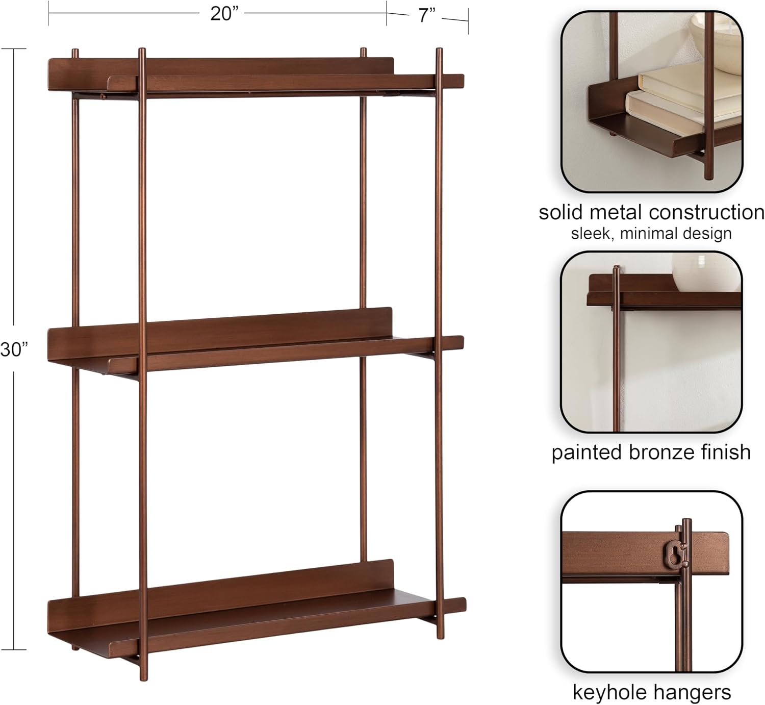 Kate and Laurel Dominic Modern Metal Bathroom Shelf; 20 x 7 x 30; Bronze; Contemporary Sleek 3-Tier Floating Shelves for Wall Decor; Display; and Over Toilet Storage