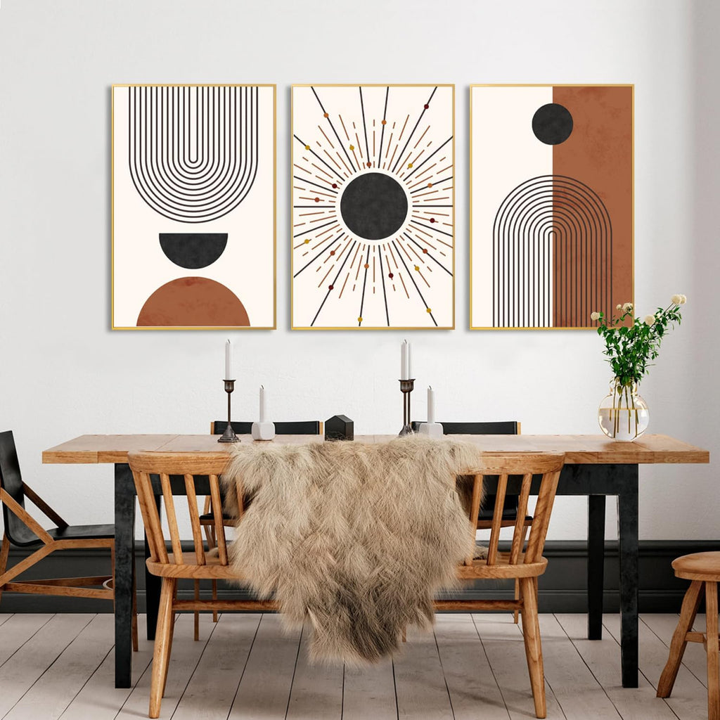 Minimalist Boho Framed Canvas Wall Art Set, Neutral Geometric Line Sun Wall Decor, Mid Century Wall Painting, Abstract Modern Bohemian Art Print for Living Room, Bedroom, Office -24'x36'x3
