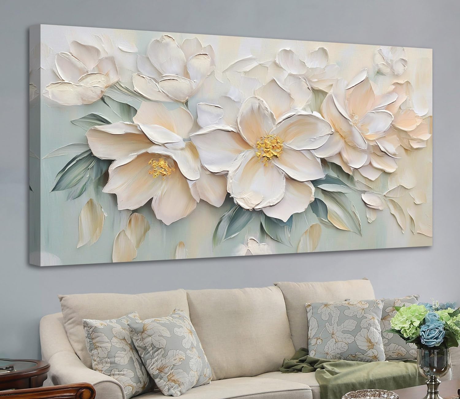Anolyfi White Textured Flowers Large Canvas Wall Art for Living Room, Modern Aesthetic Sage Florals Painting Wall Decor for Bedroom Dining Room Office Home Decor 58'x29'