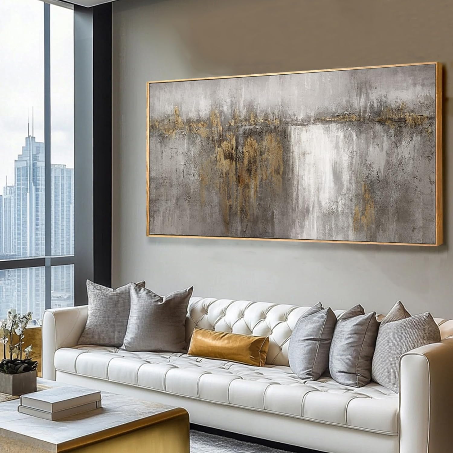 White and Gold Artwork for Walls Abstract Framed Poster Print 24'x48' Canvas Wall Art for Bedroom Neutral Artwork Decor for Office