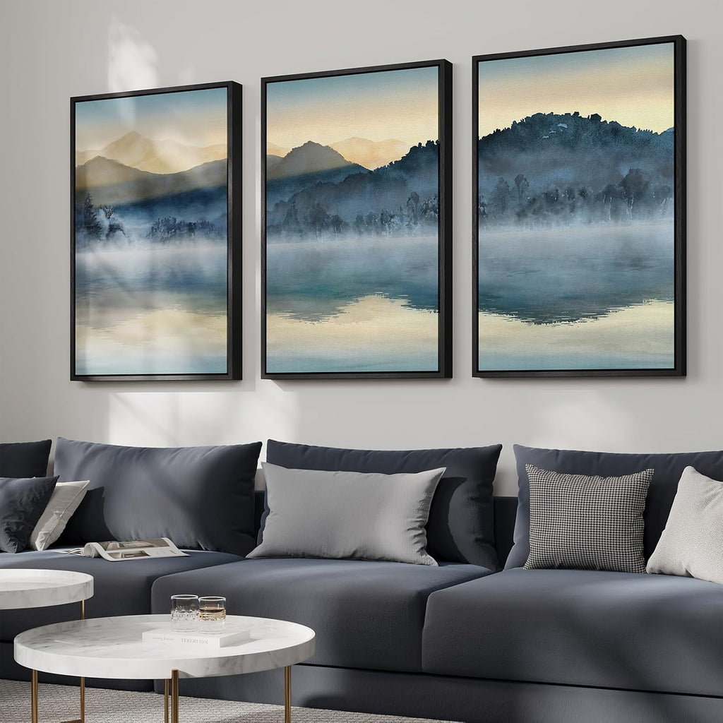 Framed Watercolor Mountain Wall Art for Living Room, Large Lake Nature Landscape Artwork for Walls, 3 Piece Blue Foggy Scenic Aesthetic Canvas Painting Prints for Office Hallway Wall Decor, 24x36 Inch