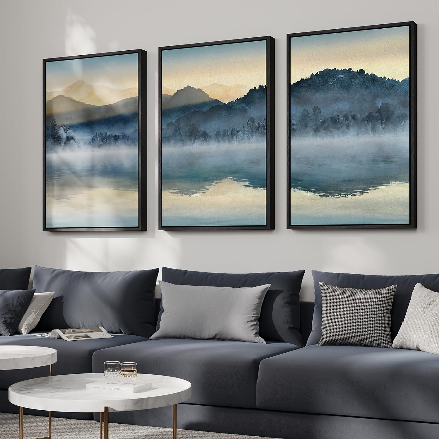 Framed Watercolor Mountain Wall Art for Living Room, Large Lake Nature Landscape Artwork for Walls, 3 Piece Blue Foggy Scenic Aesthetic Canvas Painting Prints for Office Hallway Wall Decor, 24x36 Inch