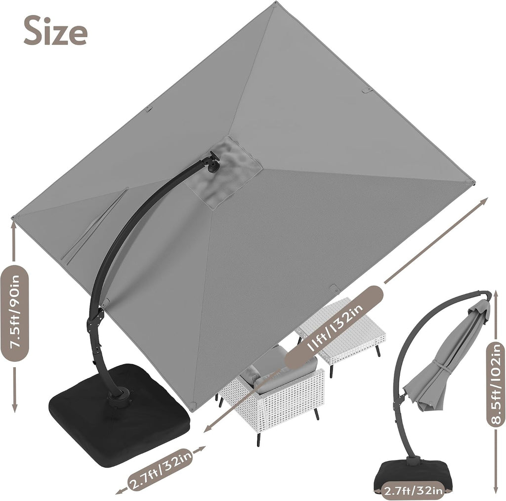 ENSTVER 11x11ft Large Cantilever Umbrella With Base Included & Solar Powered Led Lights, Deluxe Curvy All-Aluminum Rectangular Patio Umbrella For Deck, Pool And Backyard (Grey)