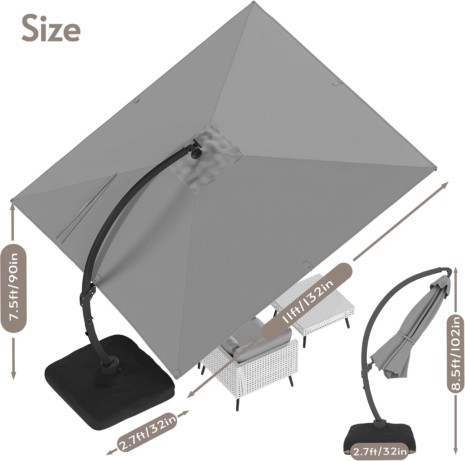 ENSTVER 11x11ft Large Cantilever Umbrella With Base Included & Solar Powered Led Lights, Deluxe Curvy All-Aluminum Rectangular Patio Umbrella For Deck, Pool And Backyard (Grey)