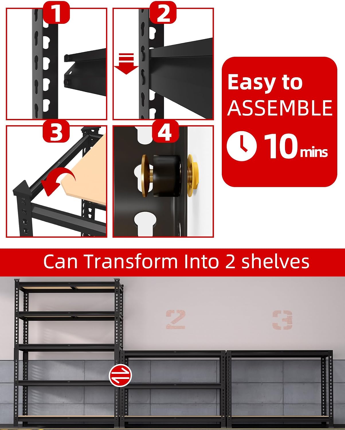PrimeZone 35.5' x 12' x 72' Heavy Duty Storage Shelves - 5 Tier Adjustable Garage Storage Shelving, Metal Storage Utility Rack Shelf Unit for Warehouse Pantry Closet Kitchen, Black, 2 Pack