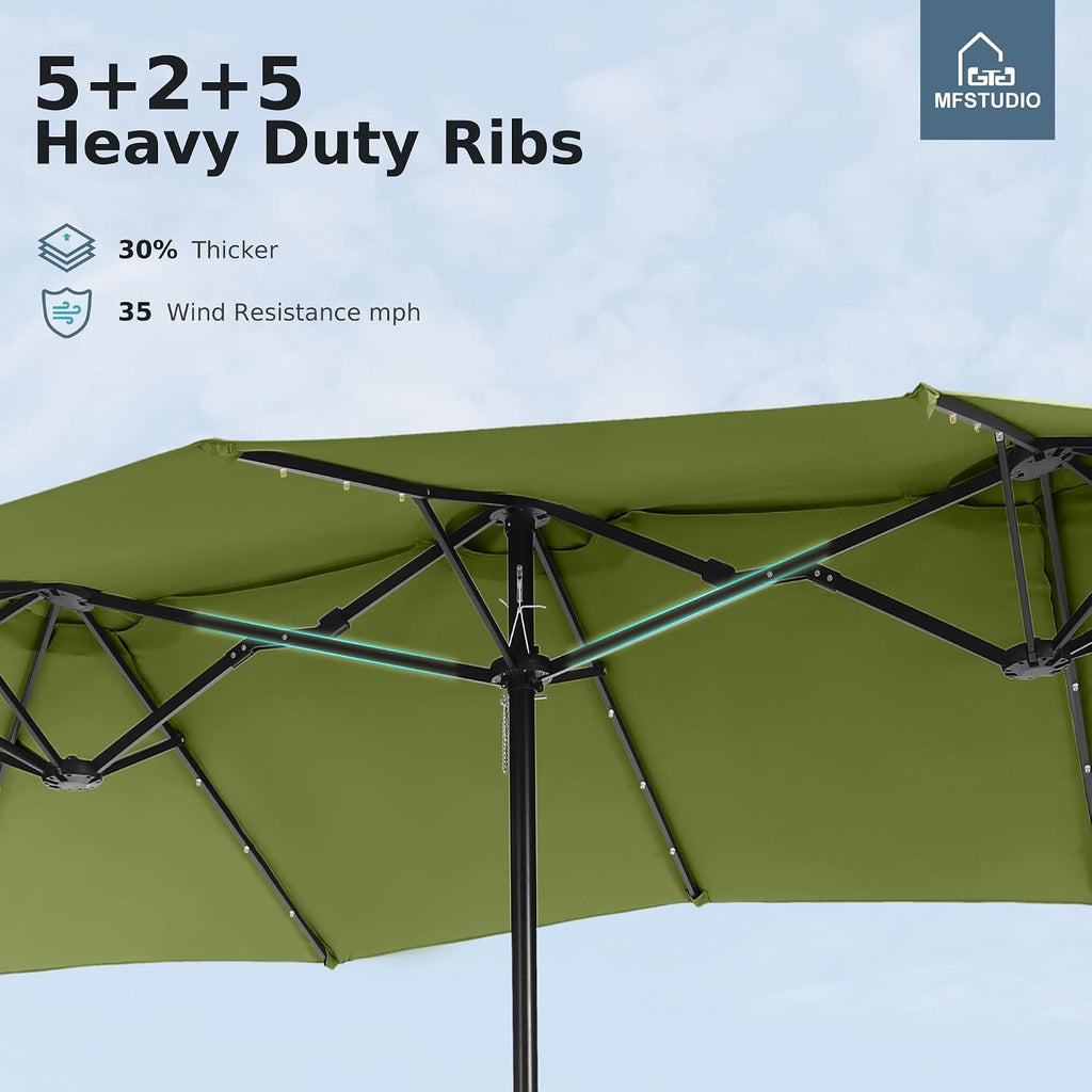 MFSTUDIO 15ft Double Sided Patio Umbrella with Solar Lights, Outdoor Large Umbrellas with Crank Handle and 36 LED Lights, Rectangular Market Umbrella with Base Included for Deck Pool Shade, Lime Green