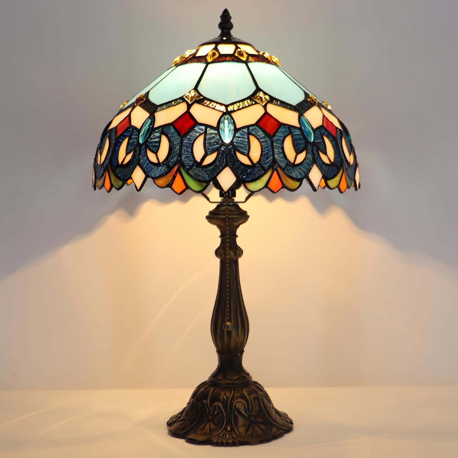 Tiffany Lamp Stained Glass Table Lamp Bedside Reading Light W12H19 Inches (Sapphire Style)