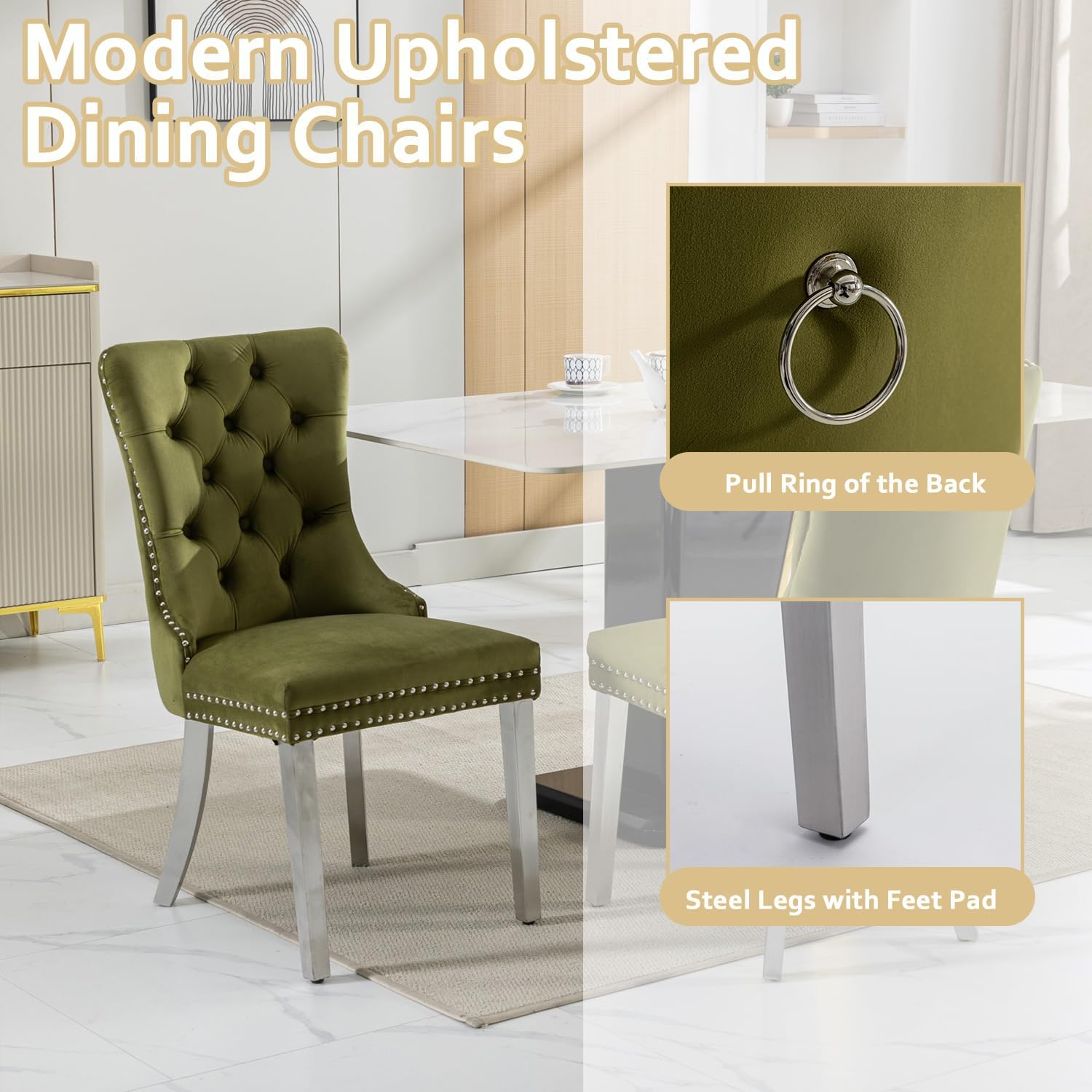 2 Piece Contemporary Velvet Upholstered Dining Chair with Chrome Stainless Steel Plating Legs, Nail Head Decro, Armless Tufted Dining Chair Fabric Dining Room Chair (Green&Silver, Set of 2)