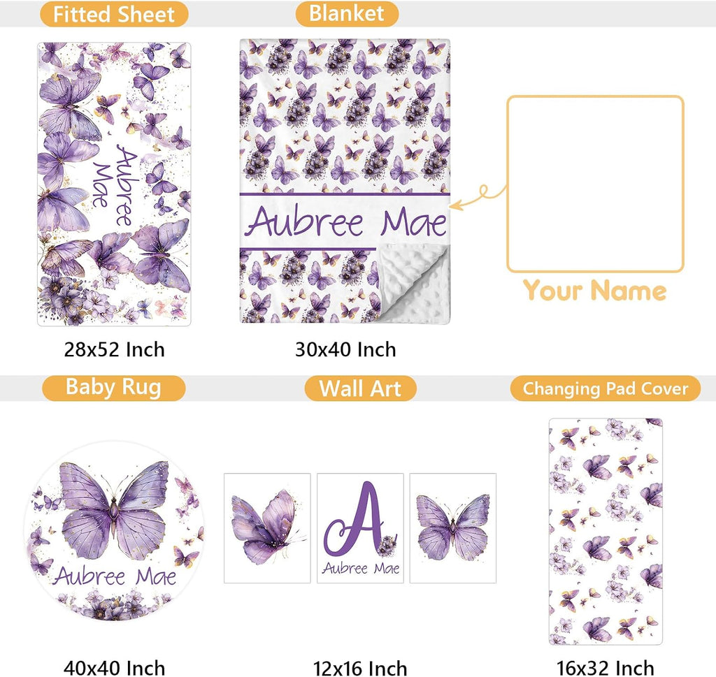 Terwex Personalized Baby Bedding Set, 5 Pcs Custom Toddlers Bedding Set with Infant Name, Soft Double Layer Nursery Crib Set for Girls Boys, Customized Infants Gifts for Baby Shower, Purple Butterfly