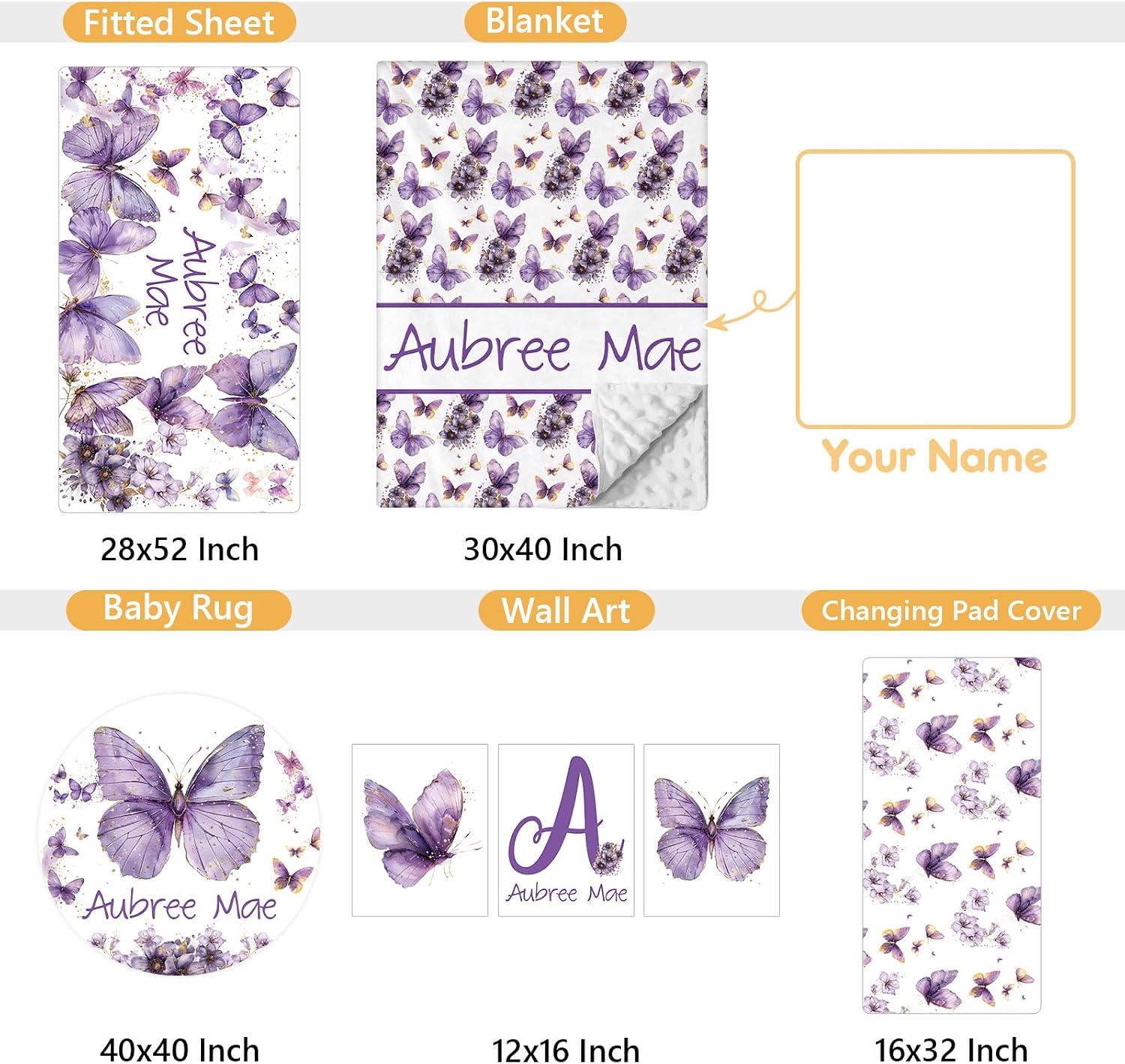 Terwex Personalized Baby Bedding Set, 5 Pcs Custom Toddlers Bedding Set with Infant Name, Soft Double Layer Nursery Crib Set for Girls Boys, Customized Infants Gifts for Baby Shower, Purple Butterfly