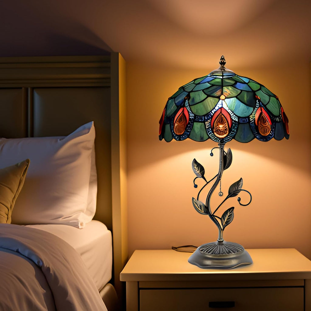 Tiffany Table Lamp, Stained Glass Style Desk Lamp, 12X12X19 Inch,Bedside Reading Light, Metal Leaf Base（Brown Crystal Style