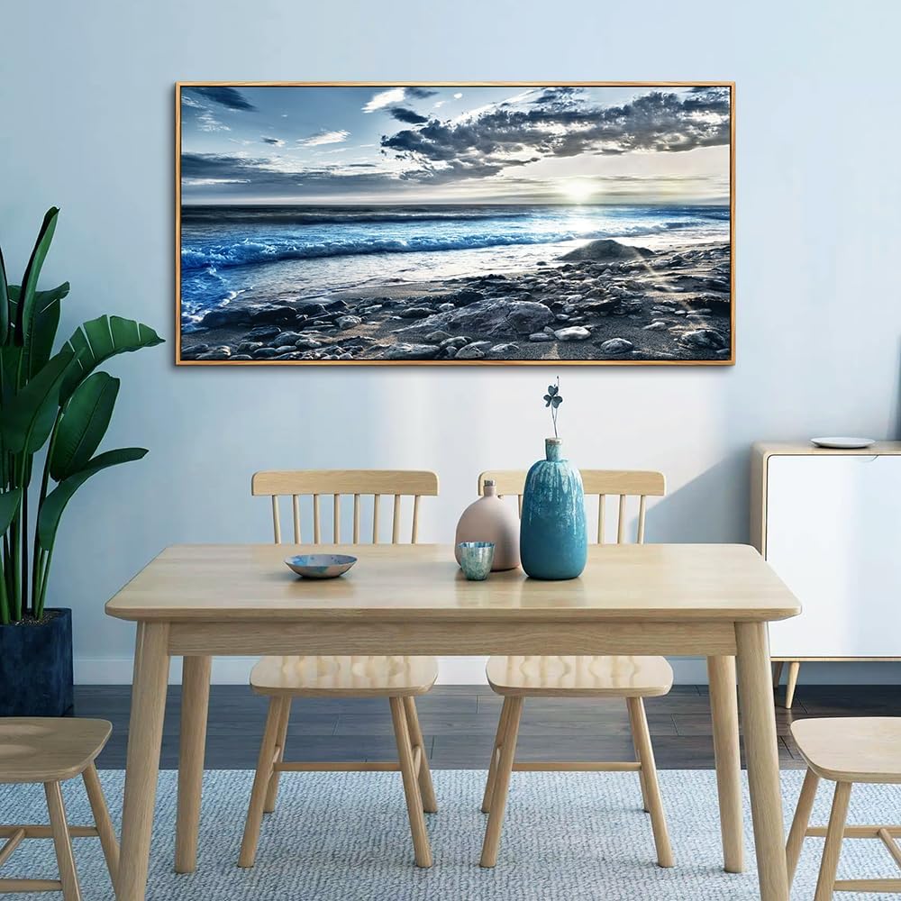 Wood Framed Wall Art For Living Room Large Size Wall Decor For Office Modern Bedroom Wall Decor Blue Beach Sun Ocean Landscape Wall Paintings Seascape Framed Pictures Artwork Home Decor 30' X 60'
