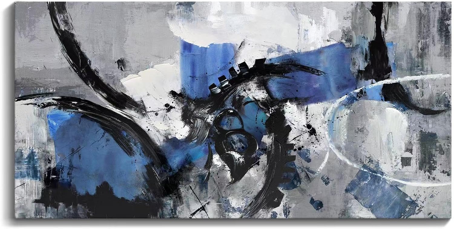 Large Abstract Wall Art - Canvas Wall Art in Blue and Black Tones, Framed Gray Artwork for Living Room, Bedroom, and Office Decorations for Work - Modern Wall Decor and Pictures