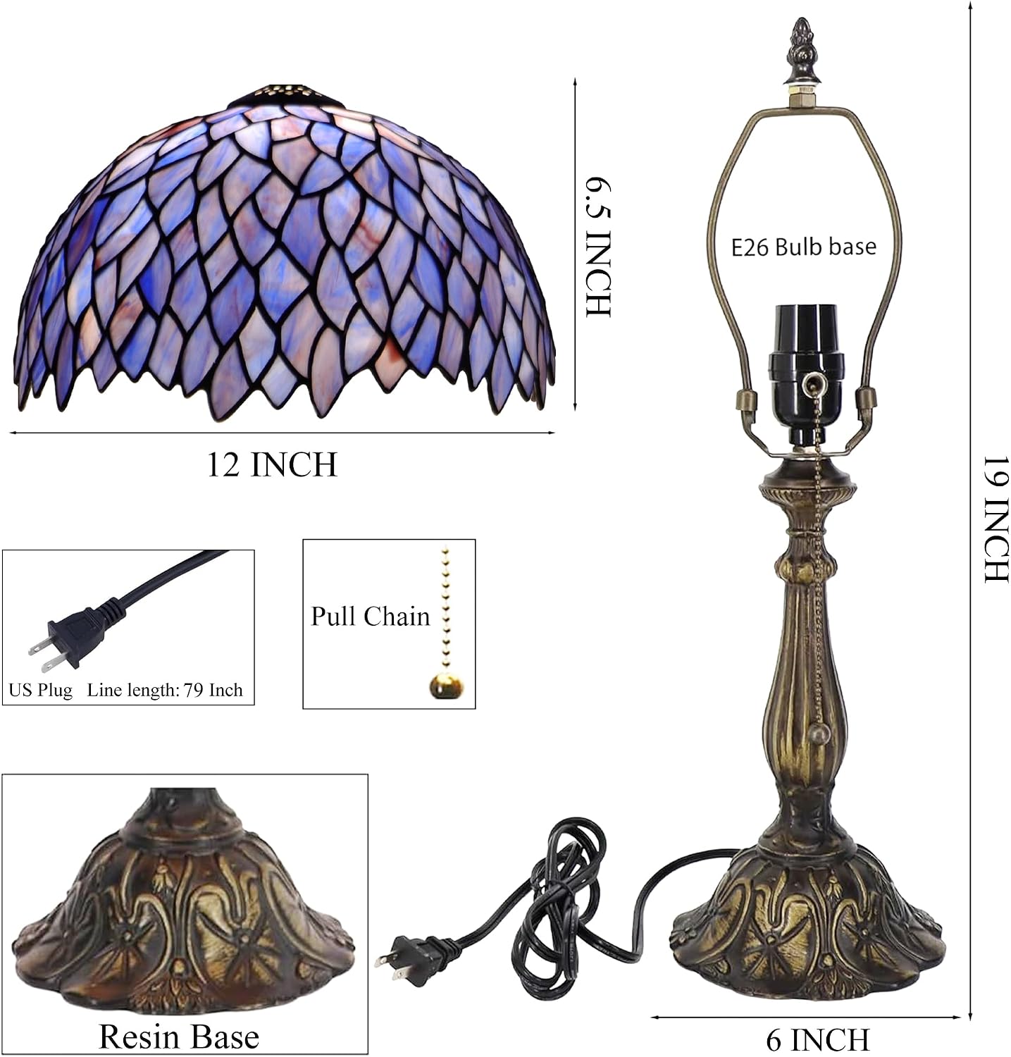 Tiffany Style Lamp Stained Glass Table Lamp Memory Sympathy Desk Reading Light 12X19 Inch (Wisteria Style)