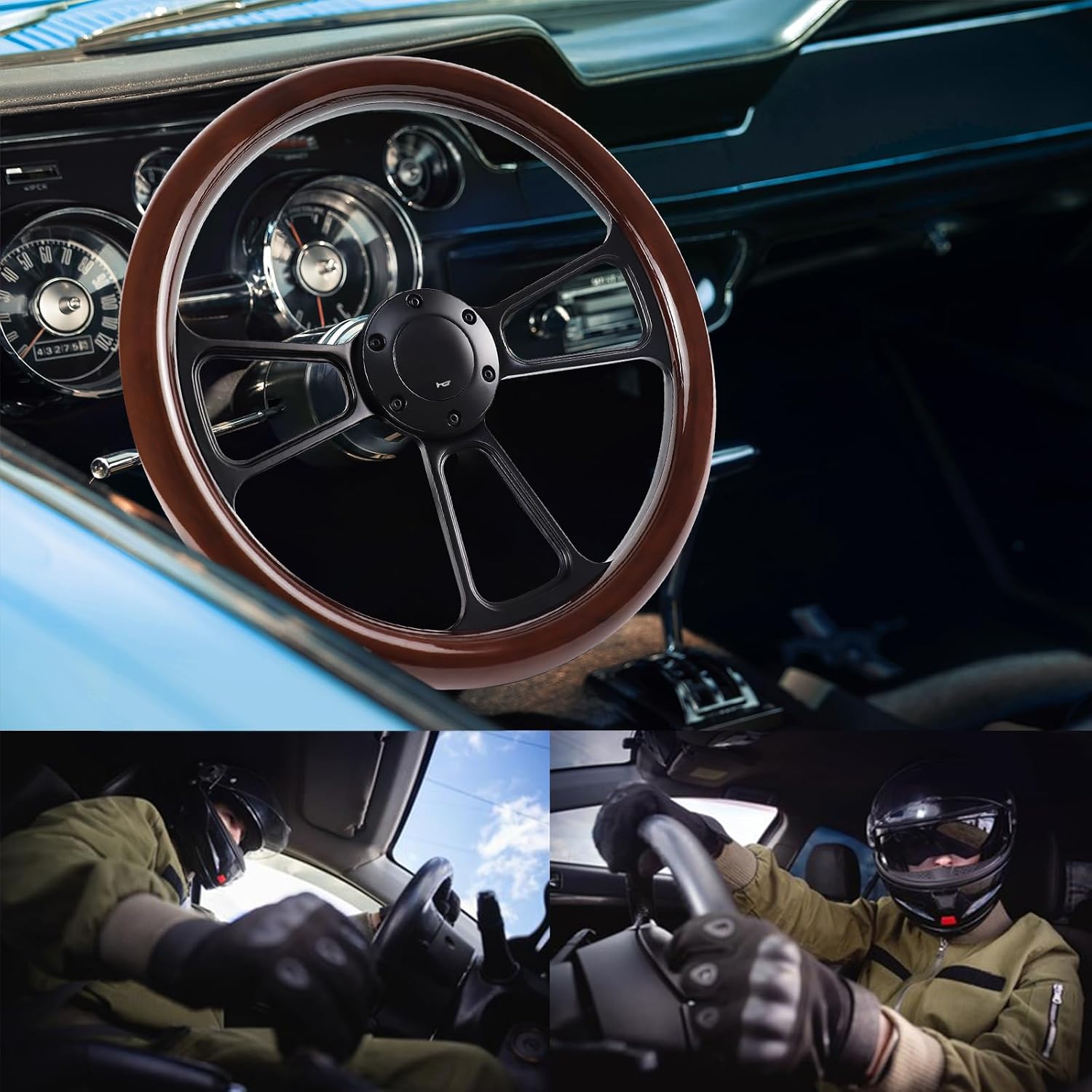 Universal 14 Inch Wooden Racing Steering Wheel 6 Bolt Black Aluminum 3 Spoke Vintage with Horn Button for Racing/Rally/Motorsports Racing Steering Wheel