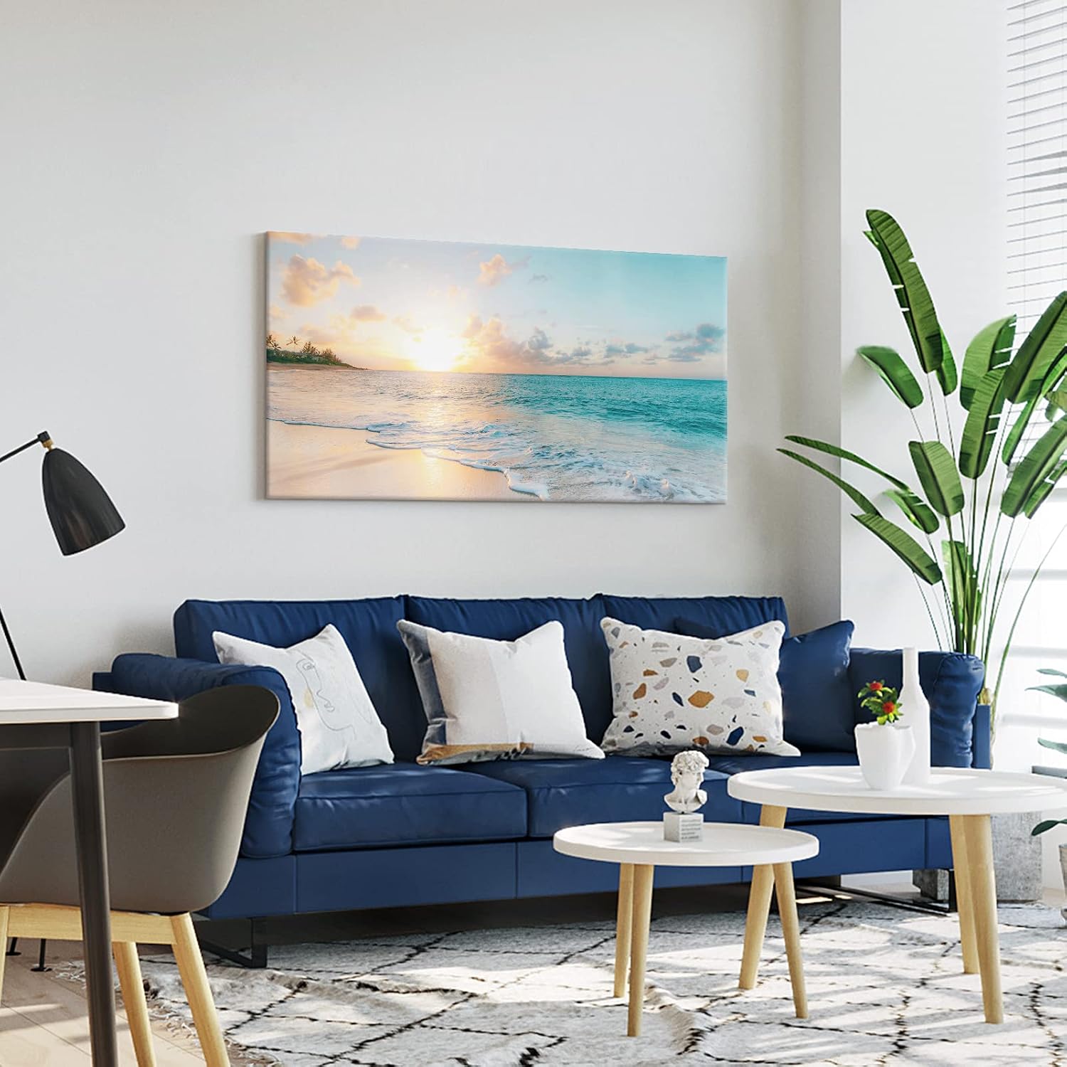 Goldfoilart Large Beach Sunset Canvas Wall Art for Living Room Blue Sea Prints Romantic Ocean Waves Pictures Painting Bedroom Home Office Wall Decor Ready to Hang 24x48Inch